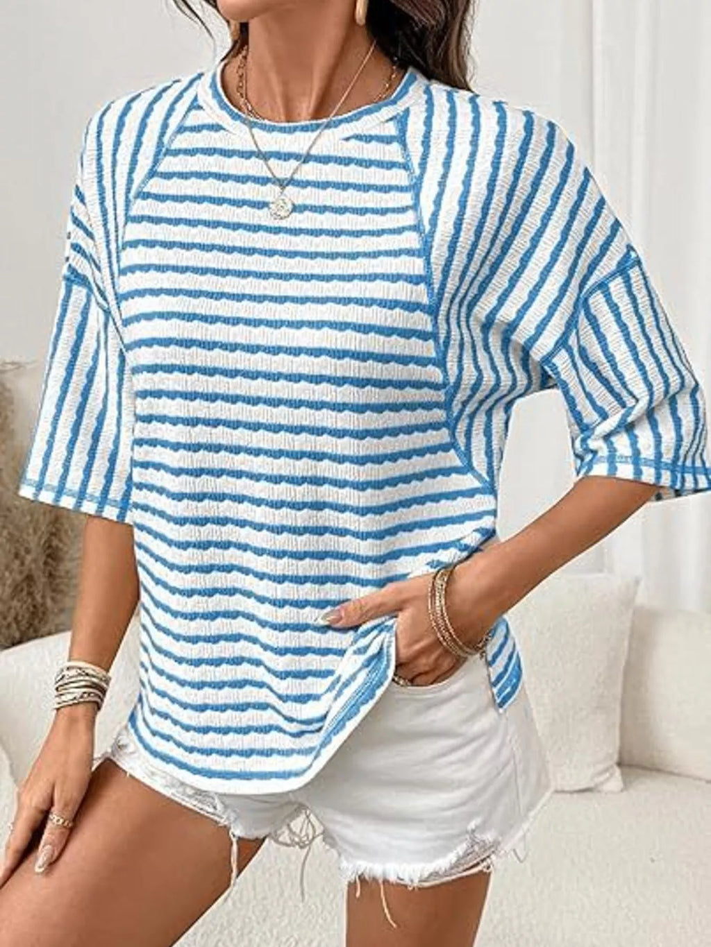 Striped Knit Round Neck T-Shirt