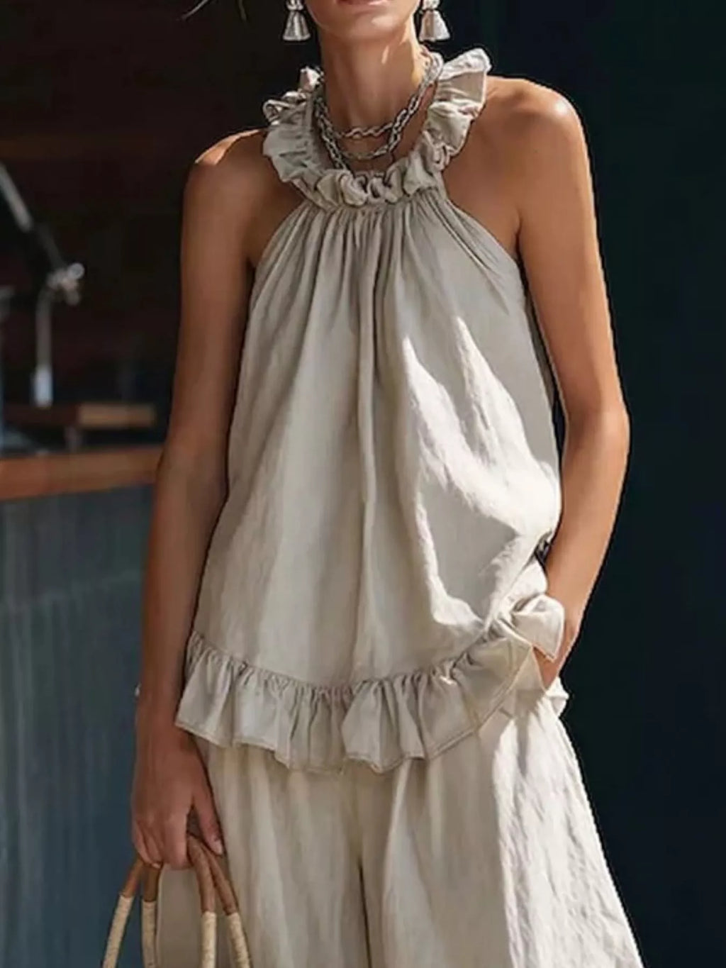 Full Size Ruffled Halter Neck Top and Wide-Leg Pants Set Plus Size