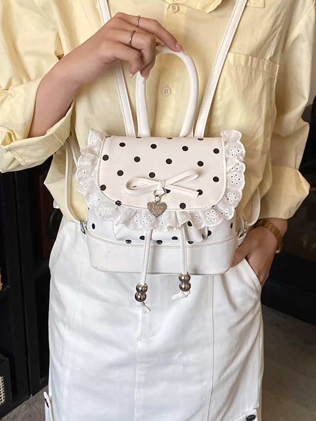 Polka Dot Lace Trim Backpack Bag