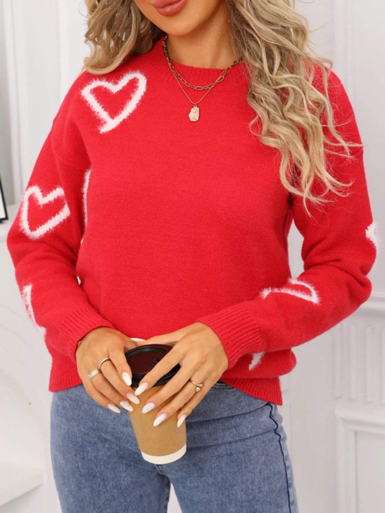 Valentine's Day Heart Print Crew Neck Sweater
