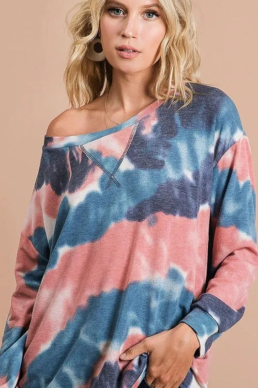BiBi Tie Dye French Terry Pull Over with Front Stitching Detail