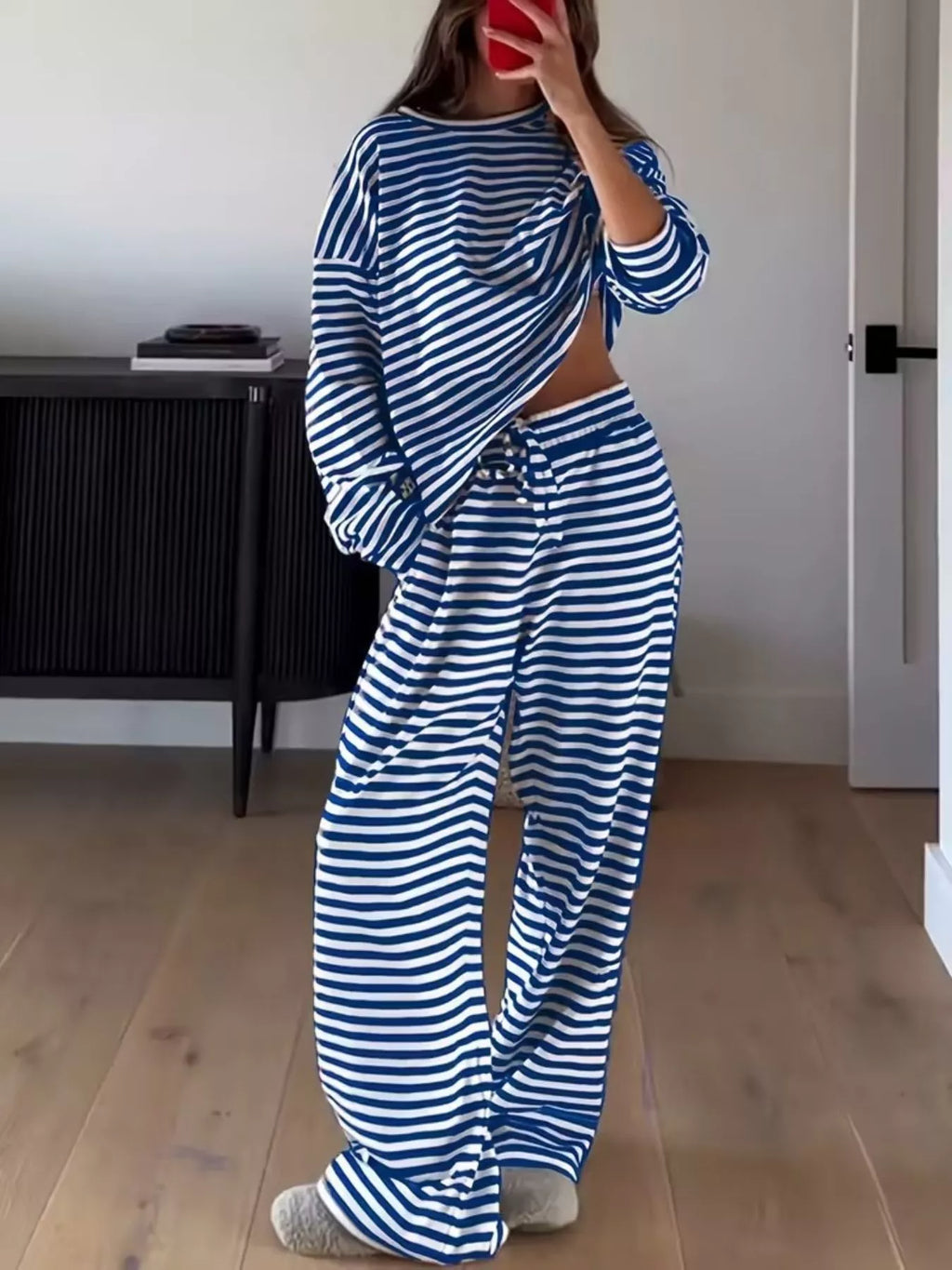 Striped Round Neck Top and Pants Set