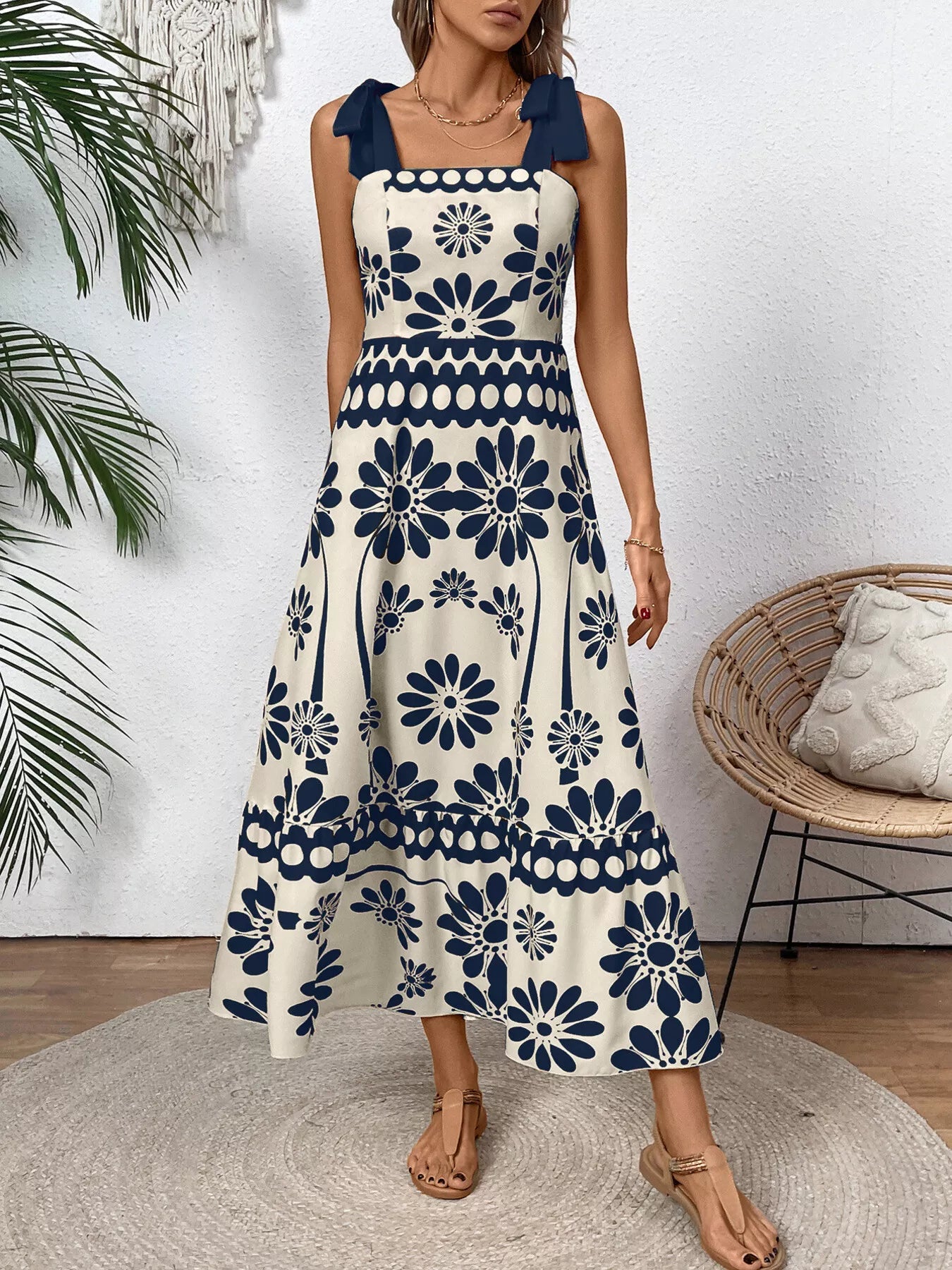 Floral Print Tie-Shoulder Midi Dress