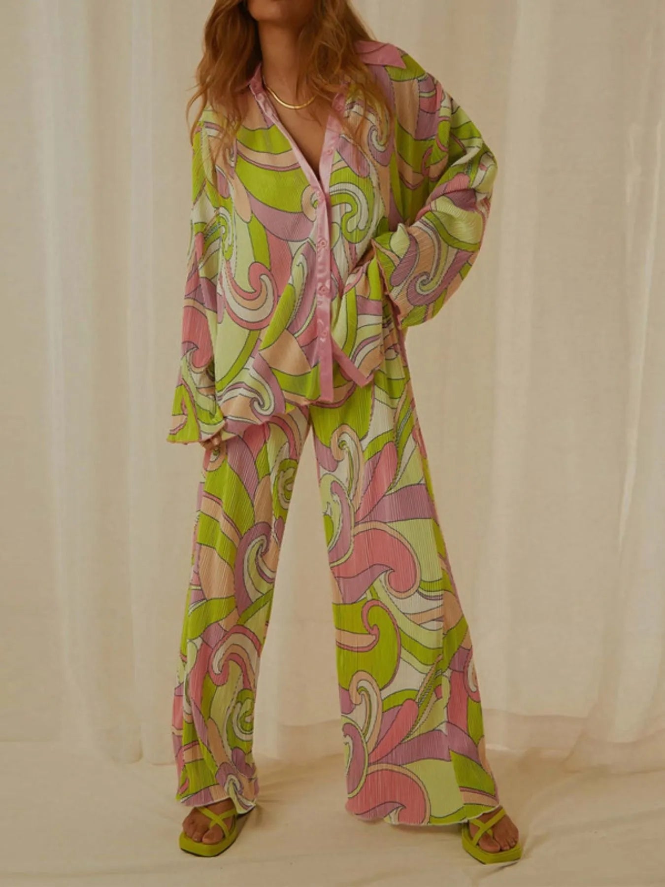 Printed Button Up Shirt and Pants Set