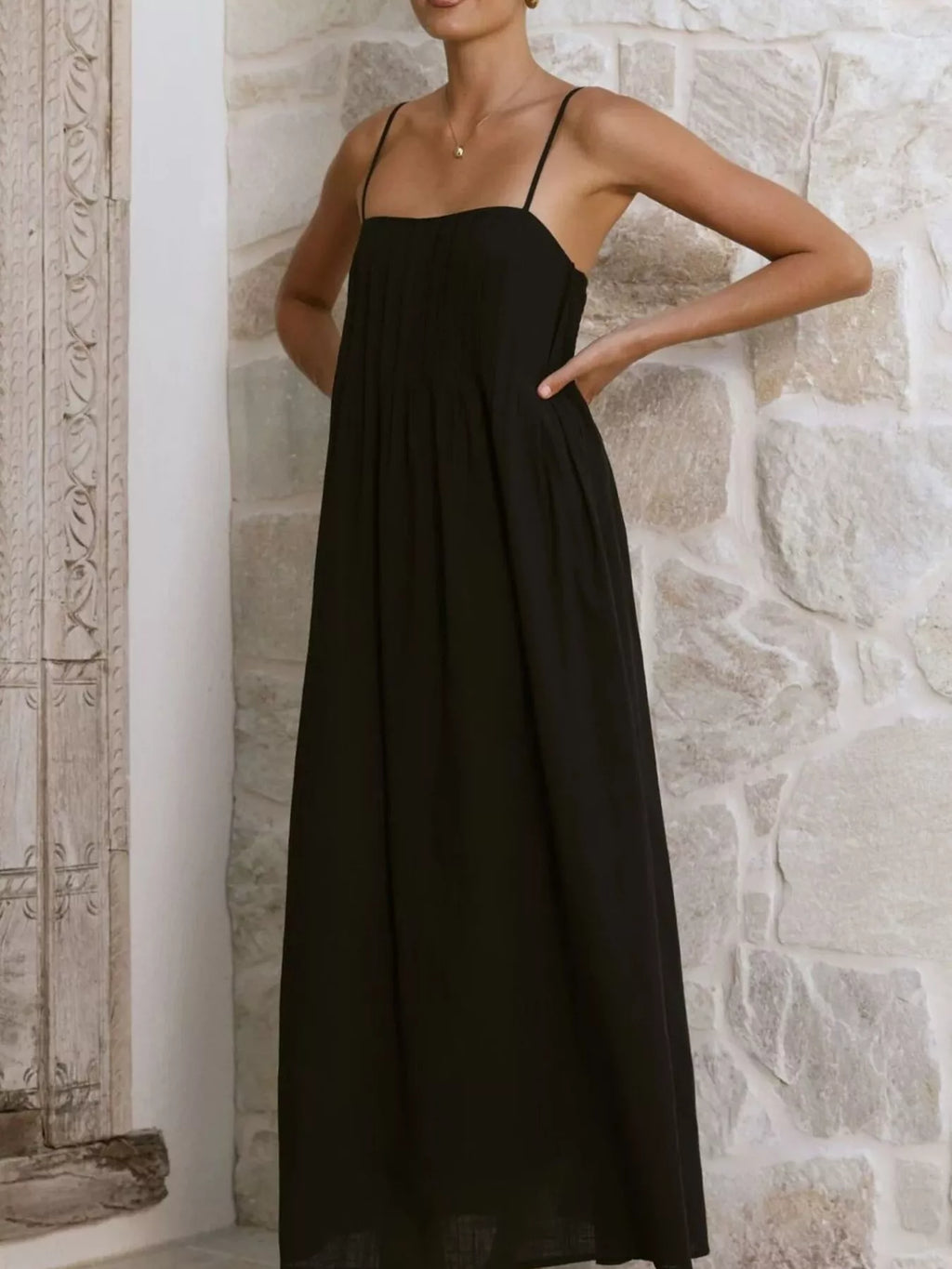 Pleated Bodice Midi Cami Dress