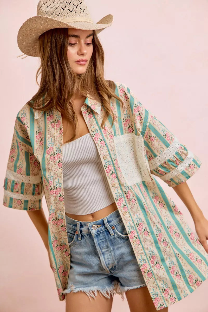 BiBi Eyelet Lace And Floral Mix And Match Shirt Top