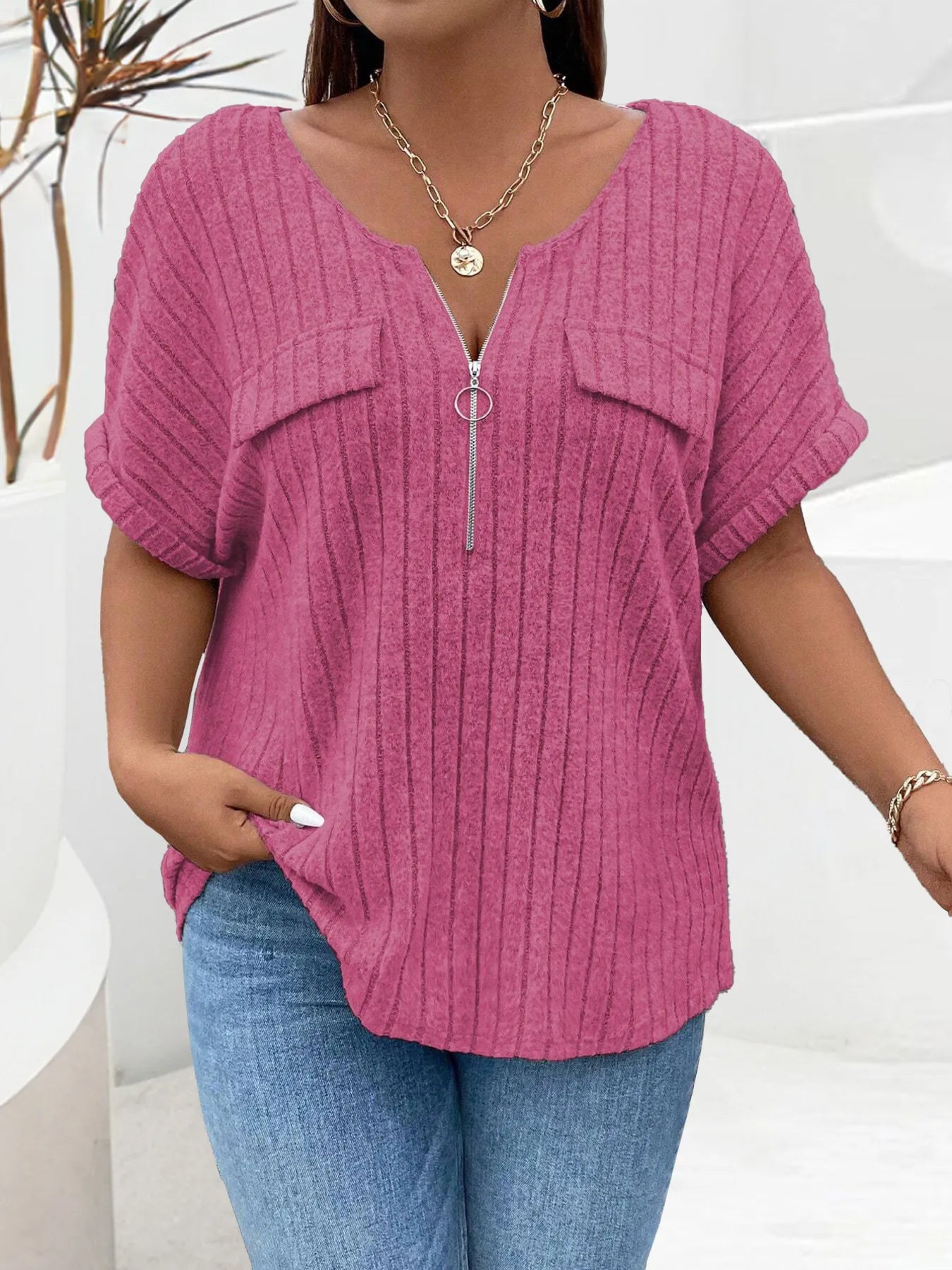 Plus Size Ribbed Half Zip Relaxed Fit T-Shirt