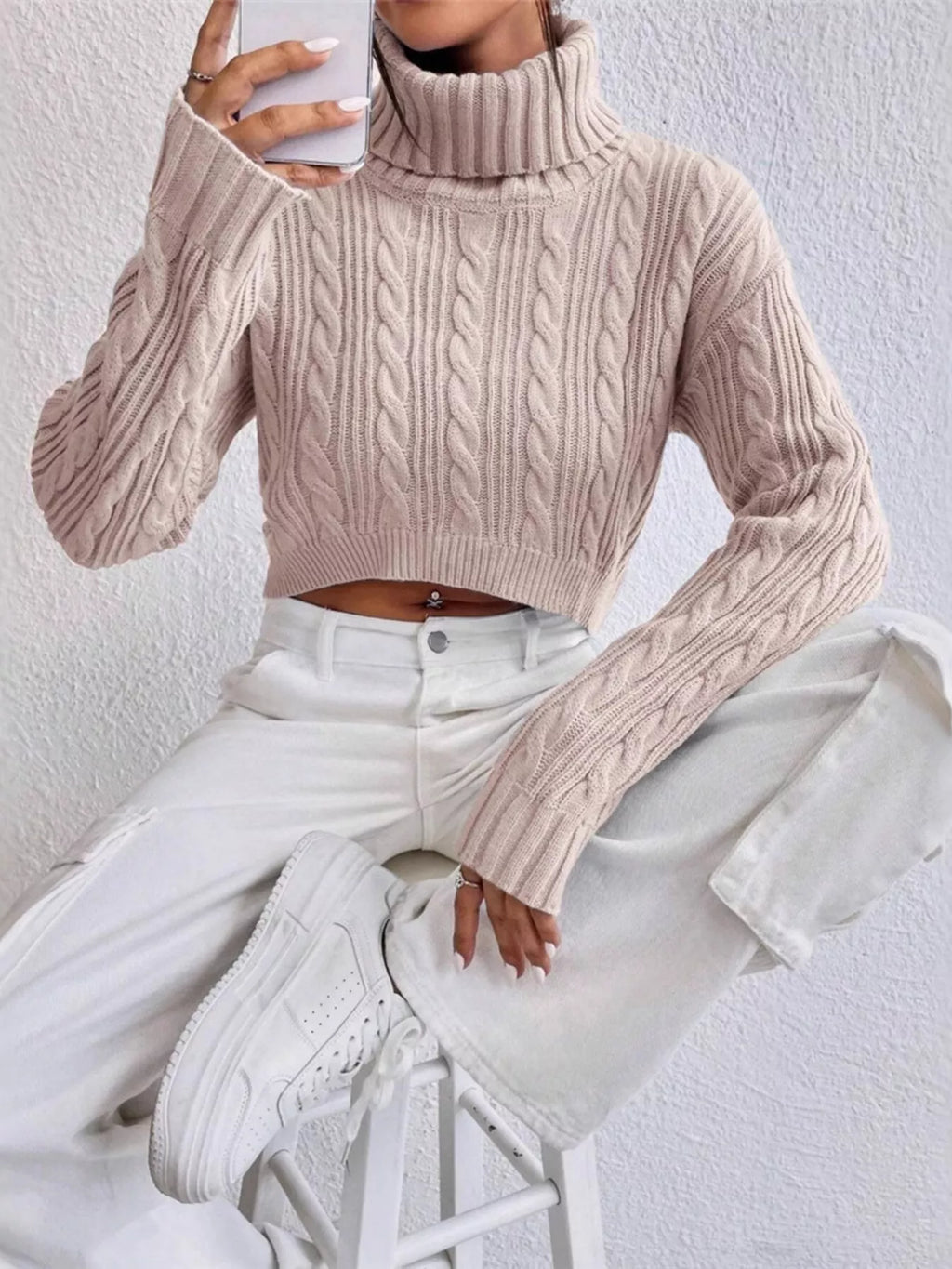 Cable-Knit Turtleneck Long Sleeve Sweater