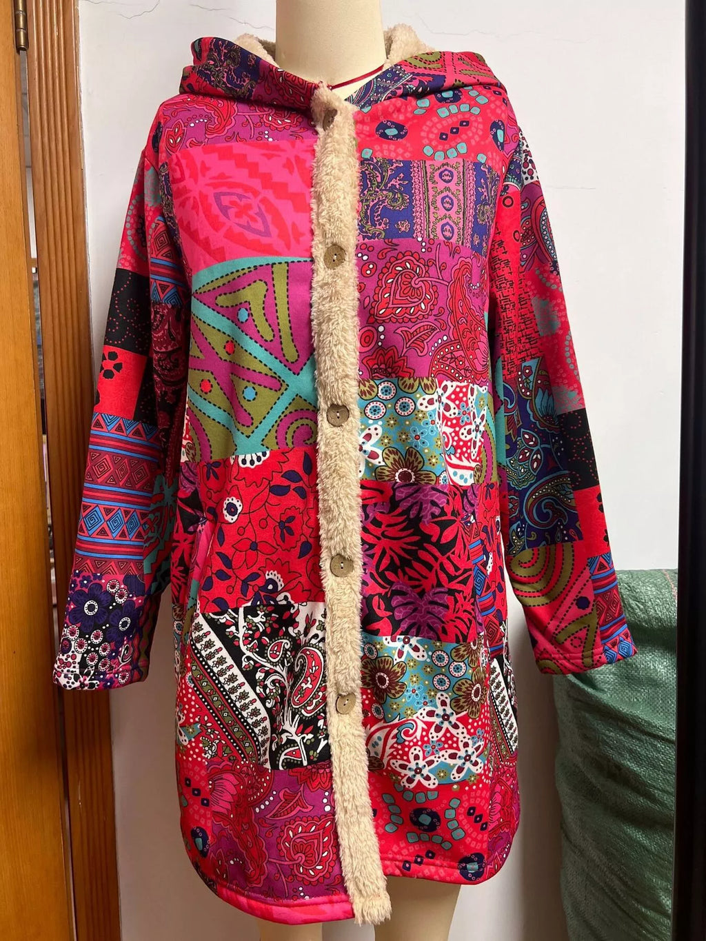 Bohemian Patchwork Fleece Lined Hooded Outerwear