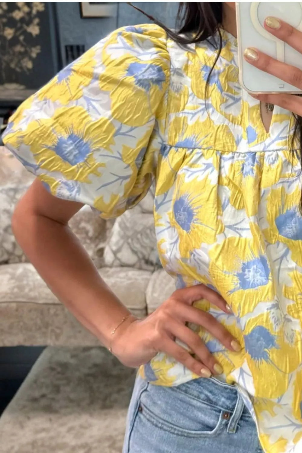 Short Bubble Sleeve Summer Floral Blouse