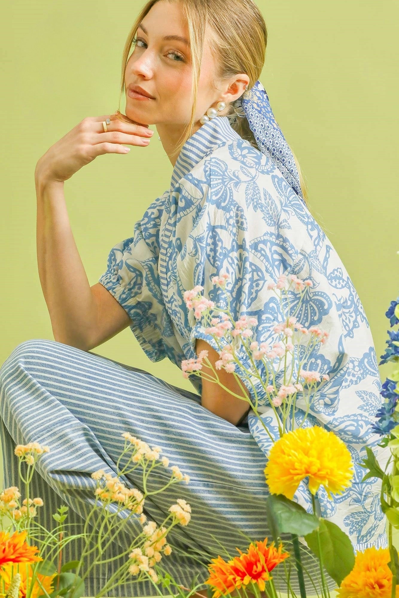 Umgee Botanical Print Mixed Trim Tunic Top