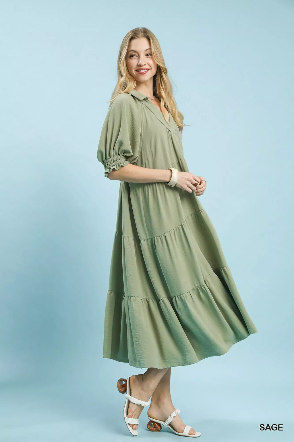 Umgee Solid Tiered Midi Dress