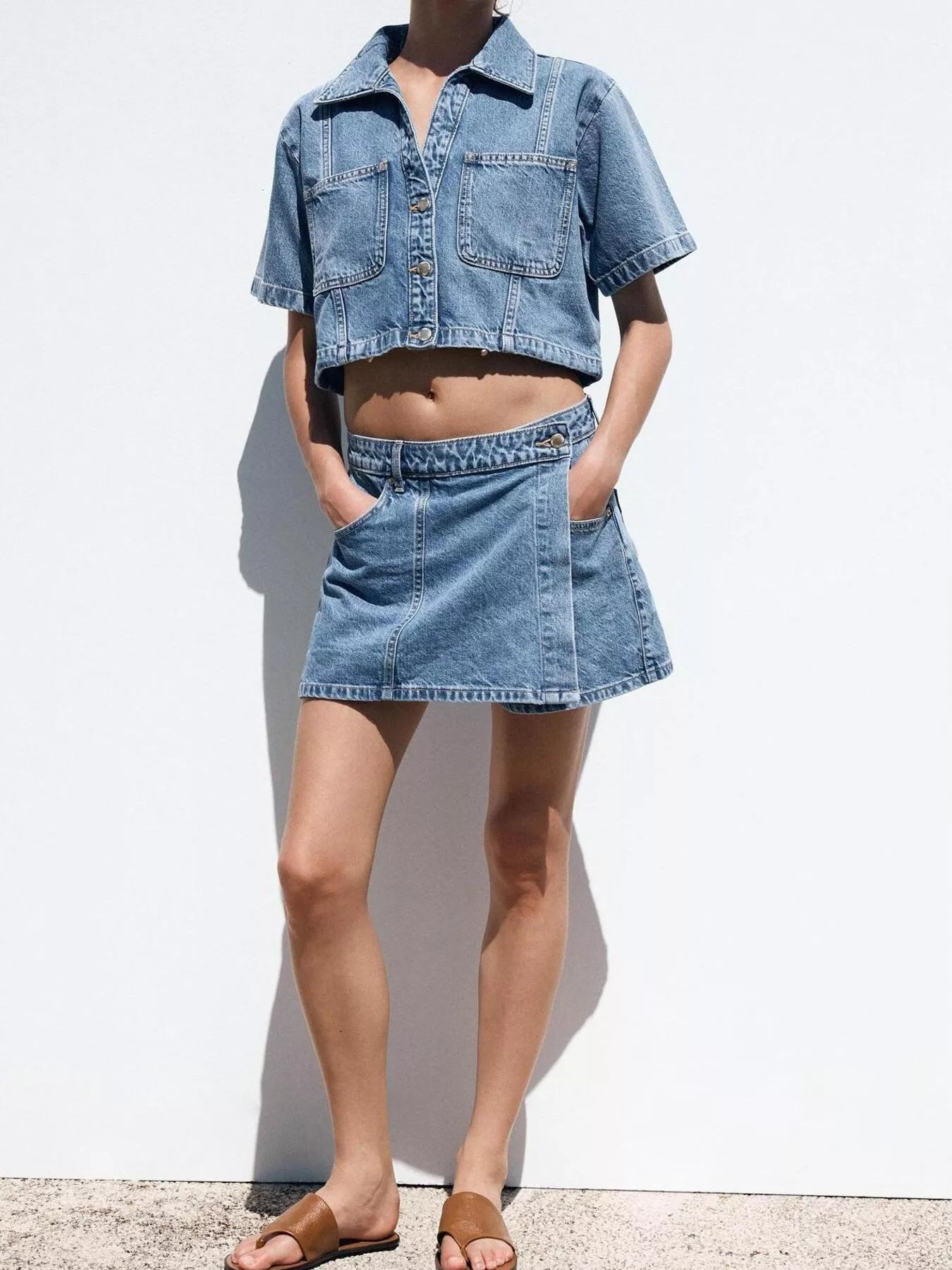 Button Up Short Sleeve Top and Skort Denim Set