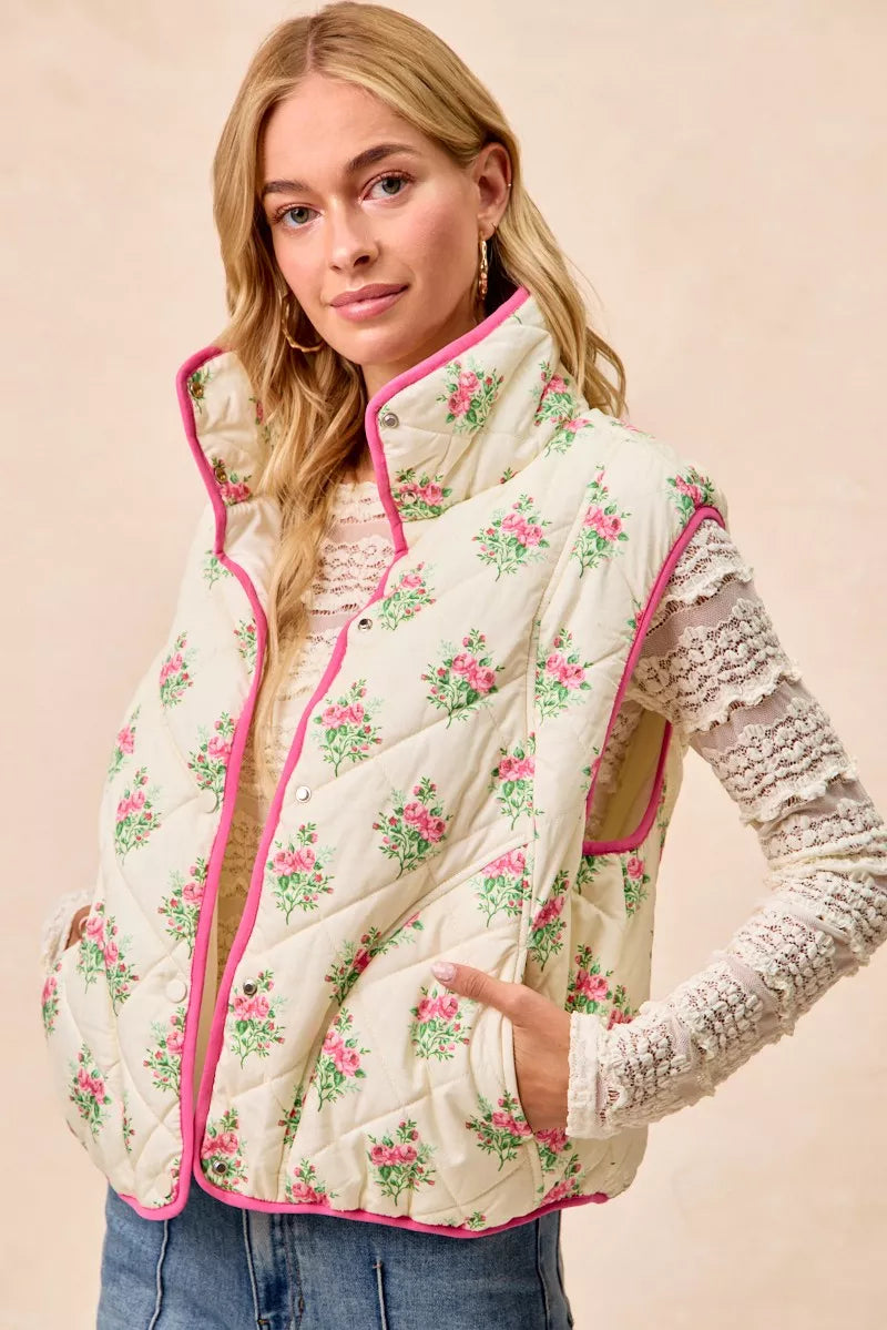 BiBi Floral Print Piping Detail Quilted Vest