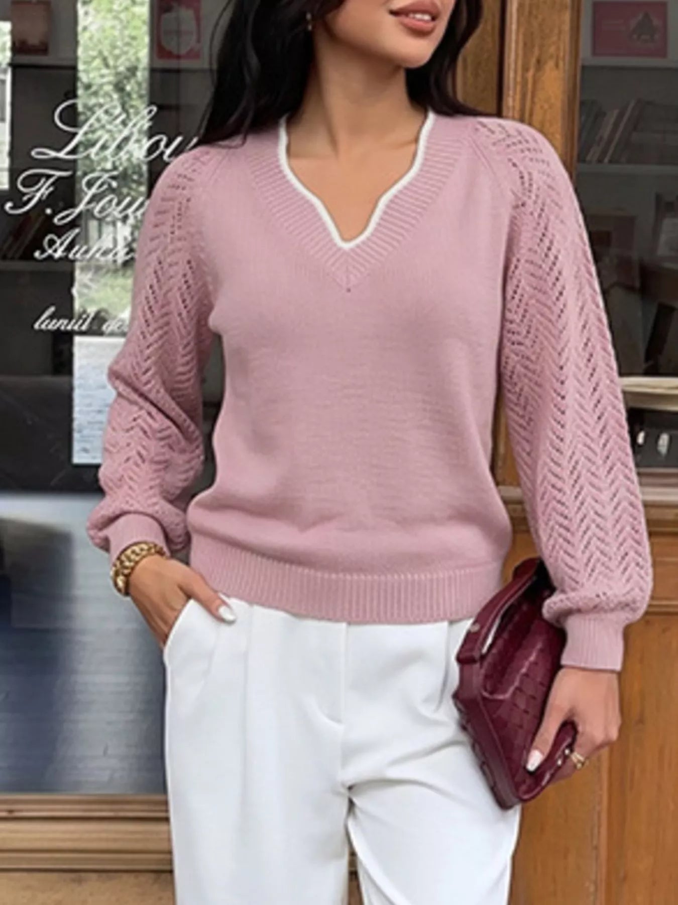 V-Neck Openwork Long Sleeve Sweater