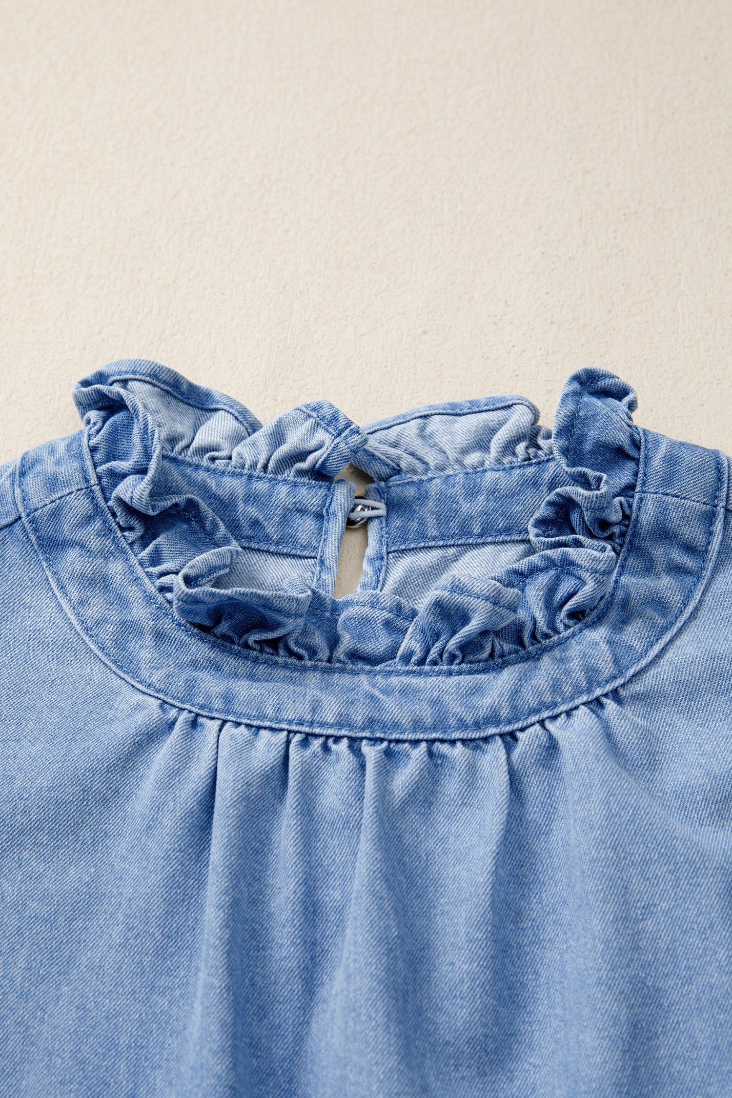 Frilled Collar Flutter Sleeve Denim Top