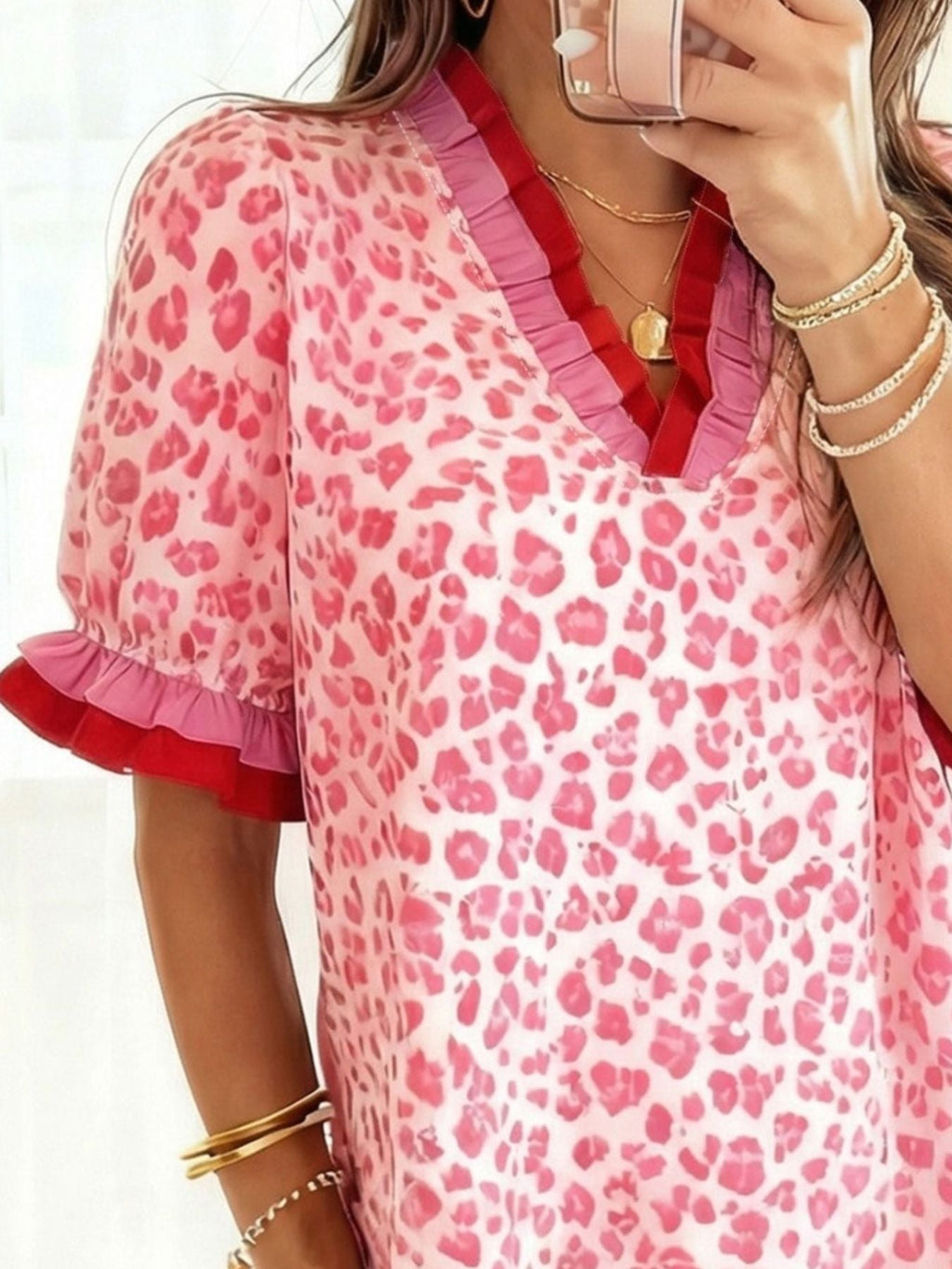 Leopard Print Frill Short Sleeve Blouse