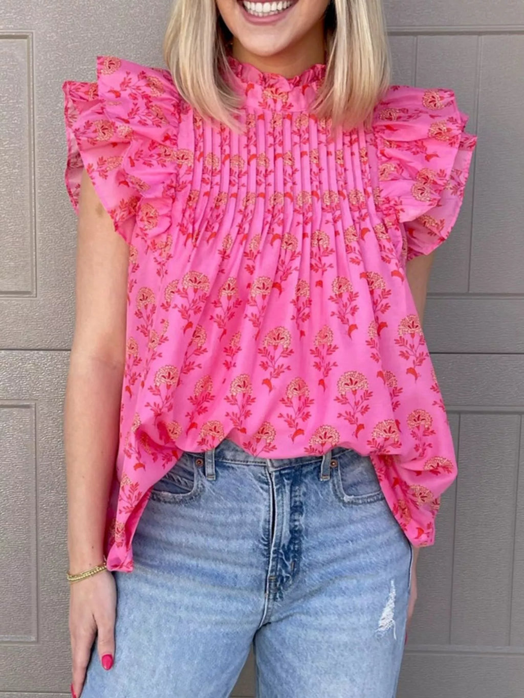 Floral Print Pleated Ruffled Flutter Sleeve Blouse