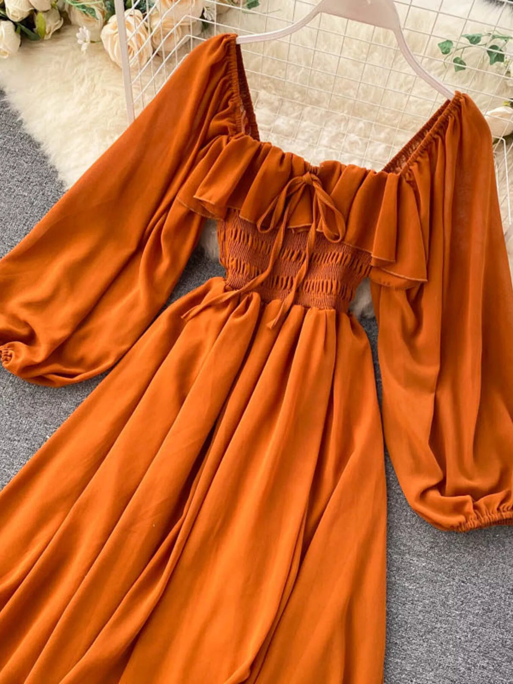 Ruffle Square Neck Balloon Sleeve A-Line Dress