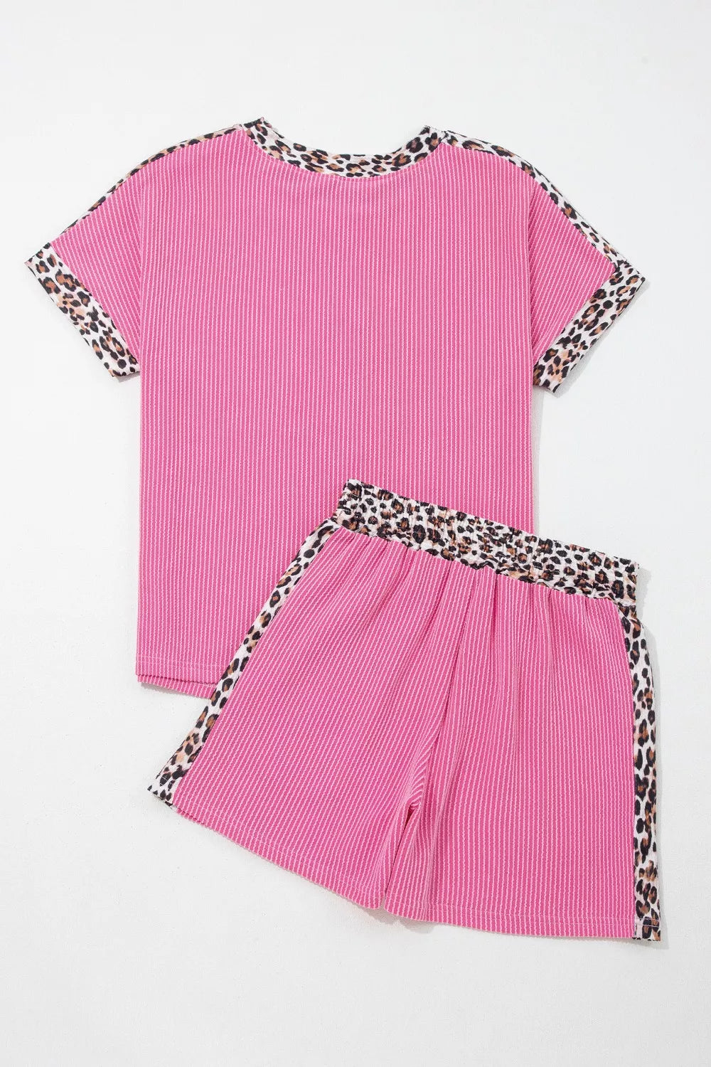 Leopard Trim Twist Ribbed Top and Shorts Set
