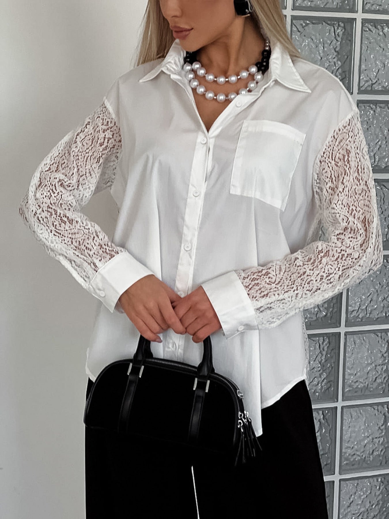 Lace Sleeve Button-Down Shirt