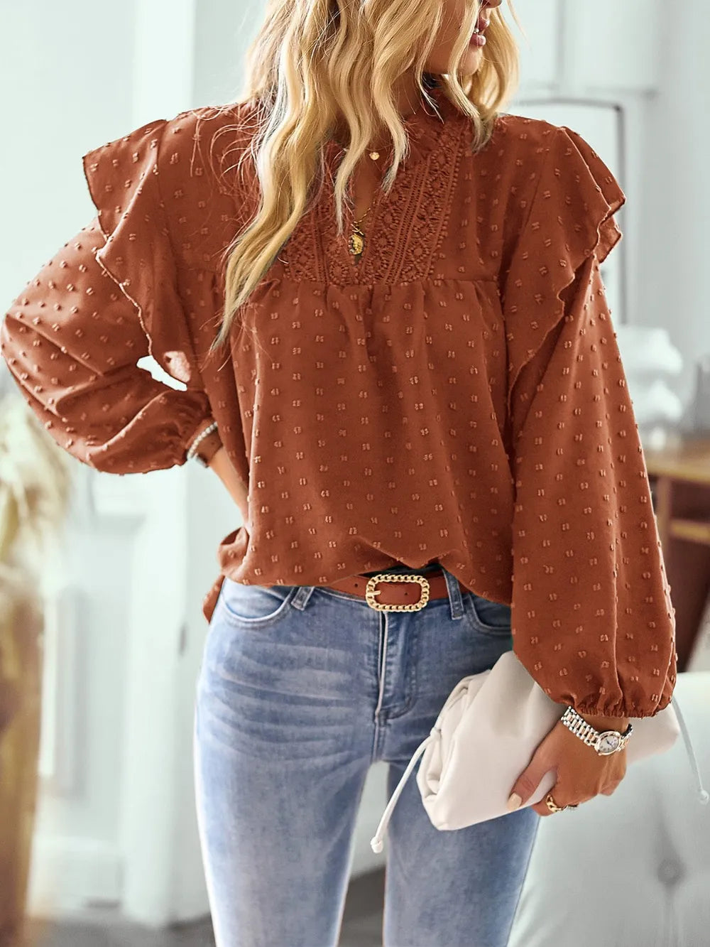 Swiss Dot Ruffled Long Sleeve Blouse