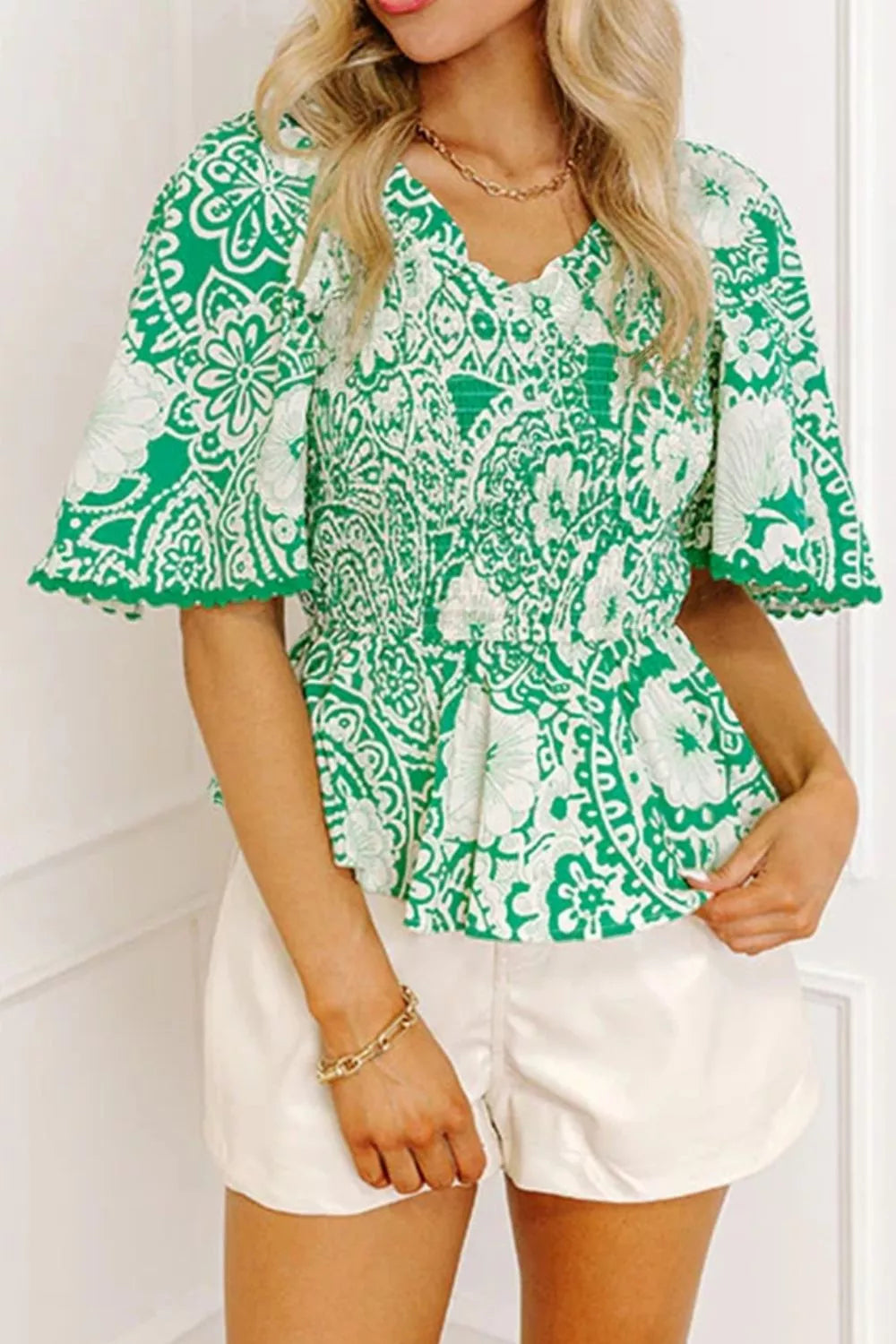 Flirty Floral Smocked V Neck Blouse