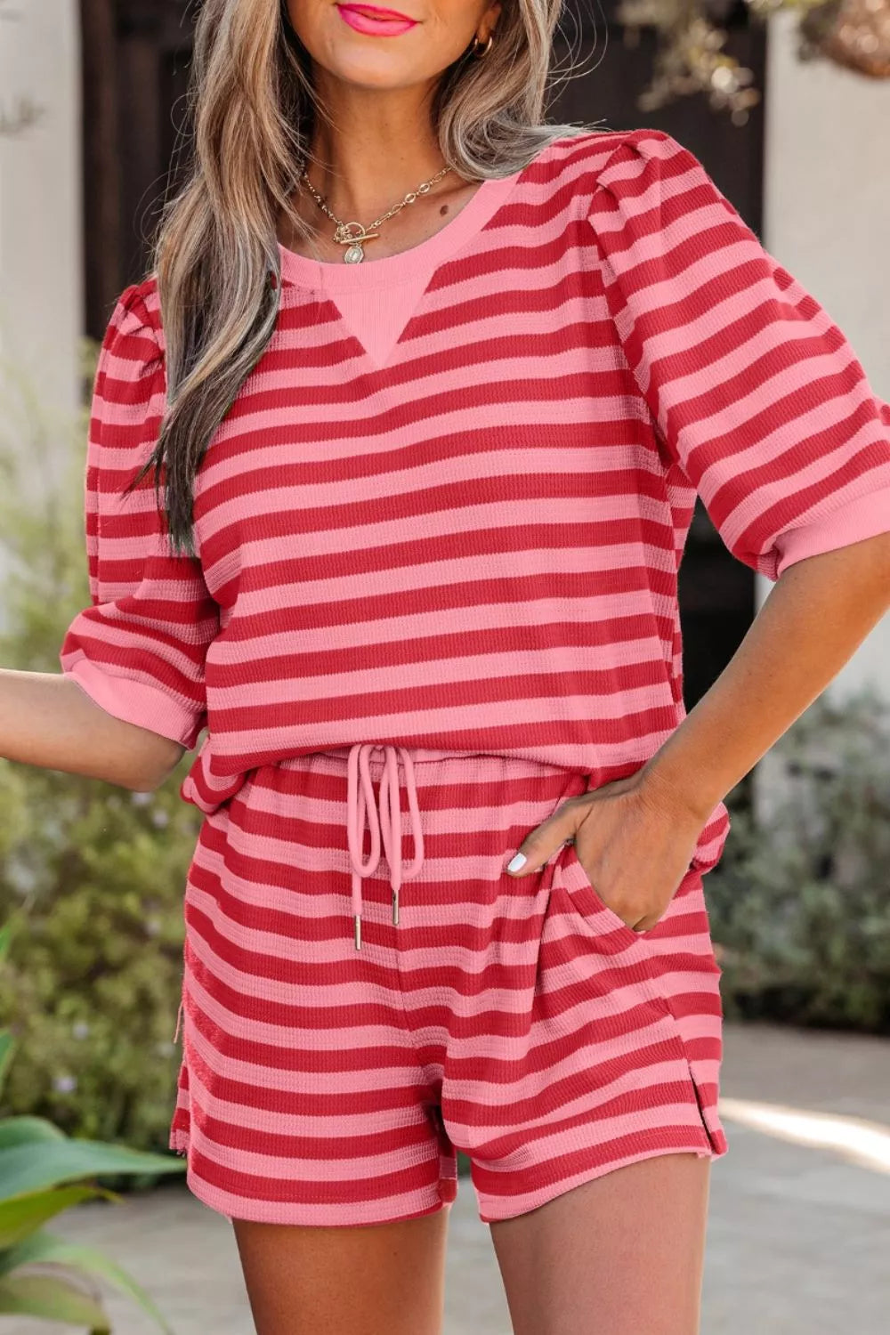 Striped Round Neck Top and Shorts Set