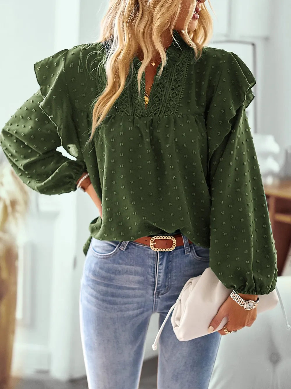 Swiss Dot Ruffled Long Sleeve Blouse
