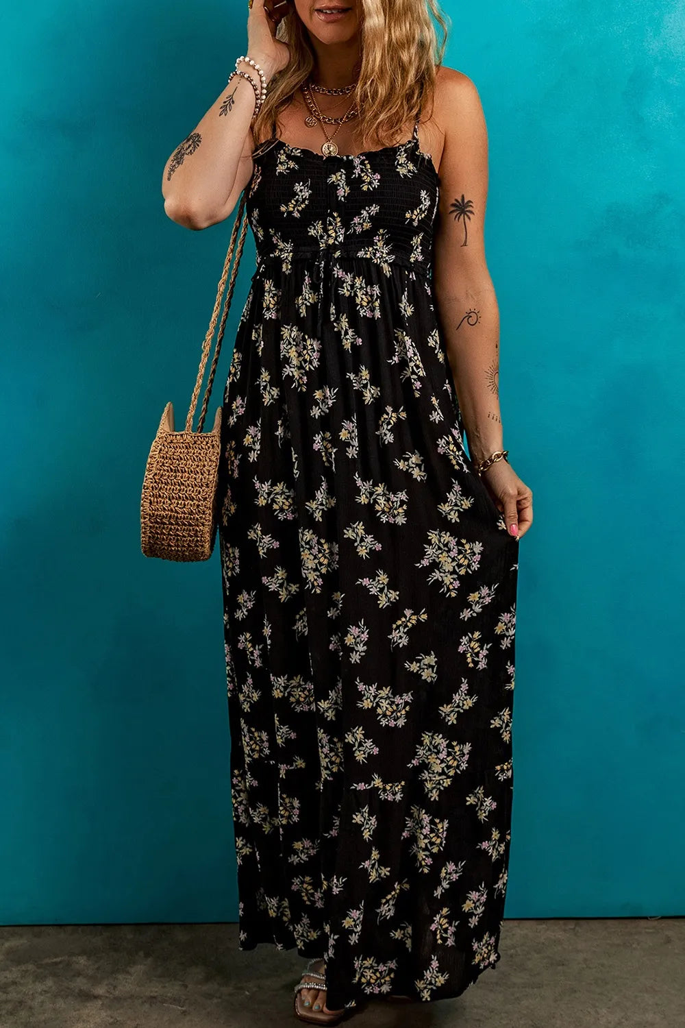 Floral Spaghetti Strap Shirred Bodice Tied Empire Waist Maxi Dress