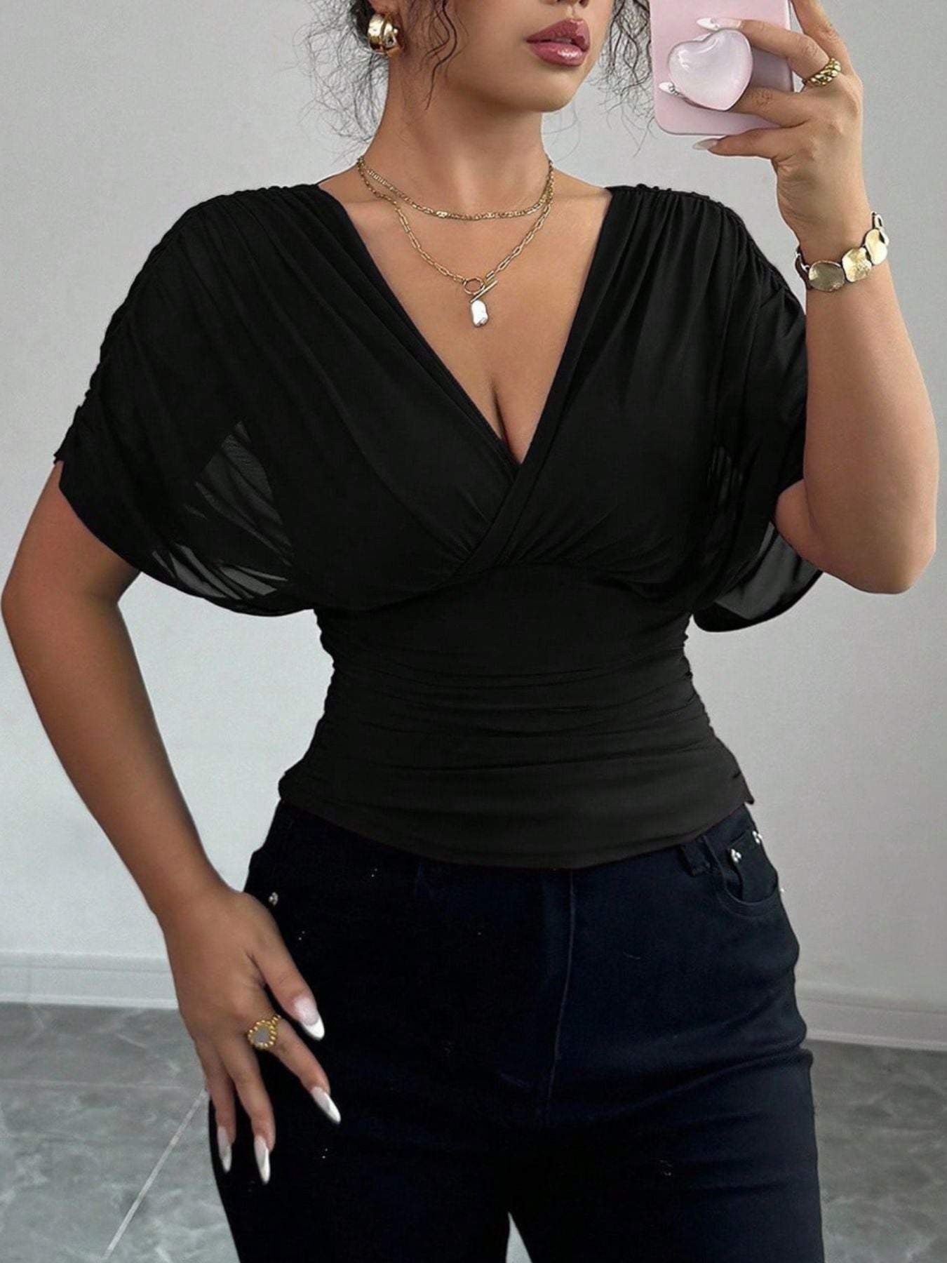 Ruched Surplice Short Sleeve Top