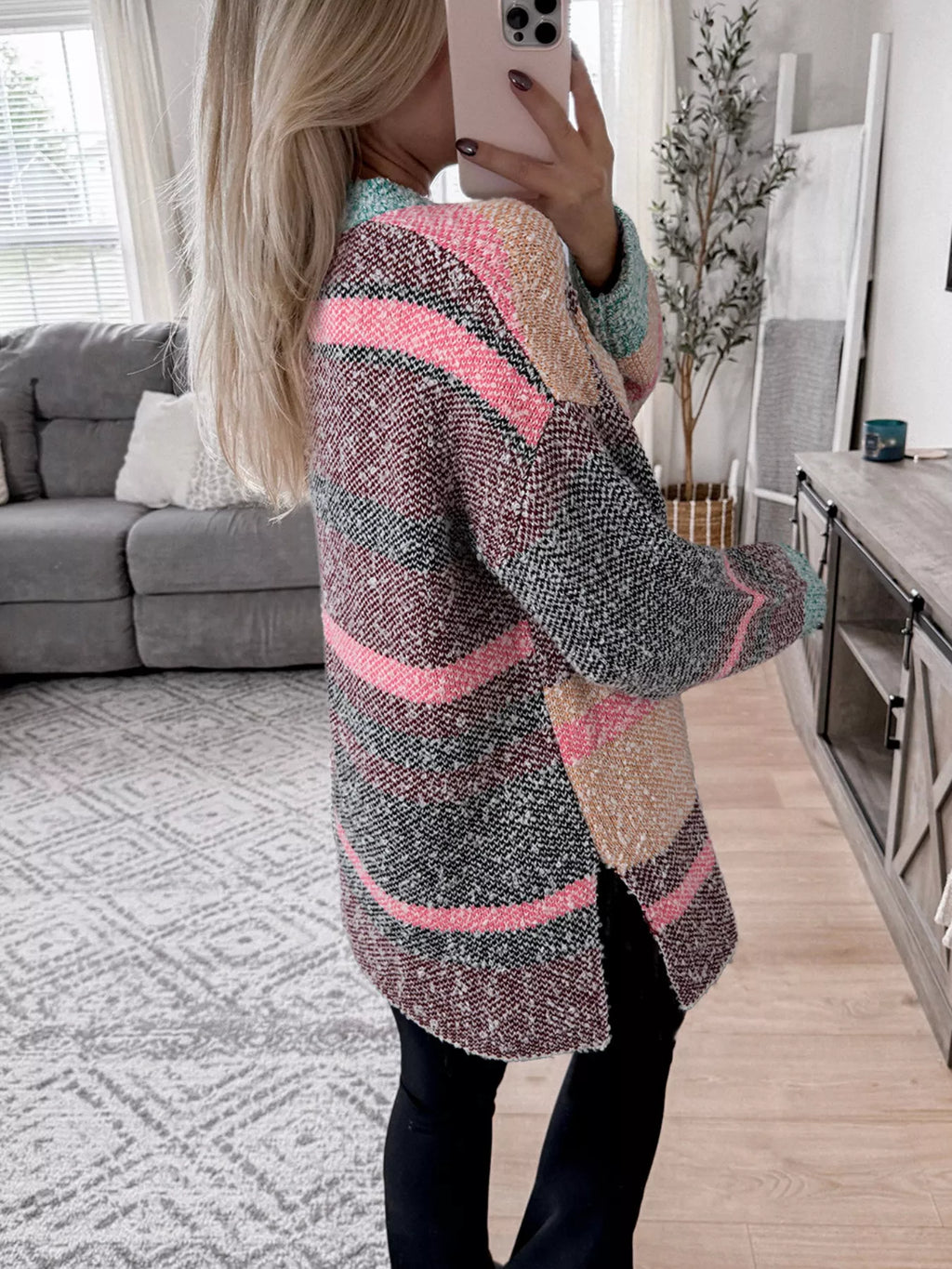 Color Block Striped Side Slit Open Front Cardigan