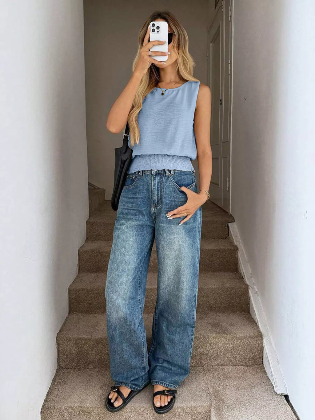 Smocked Round Neck Tank