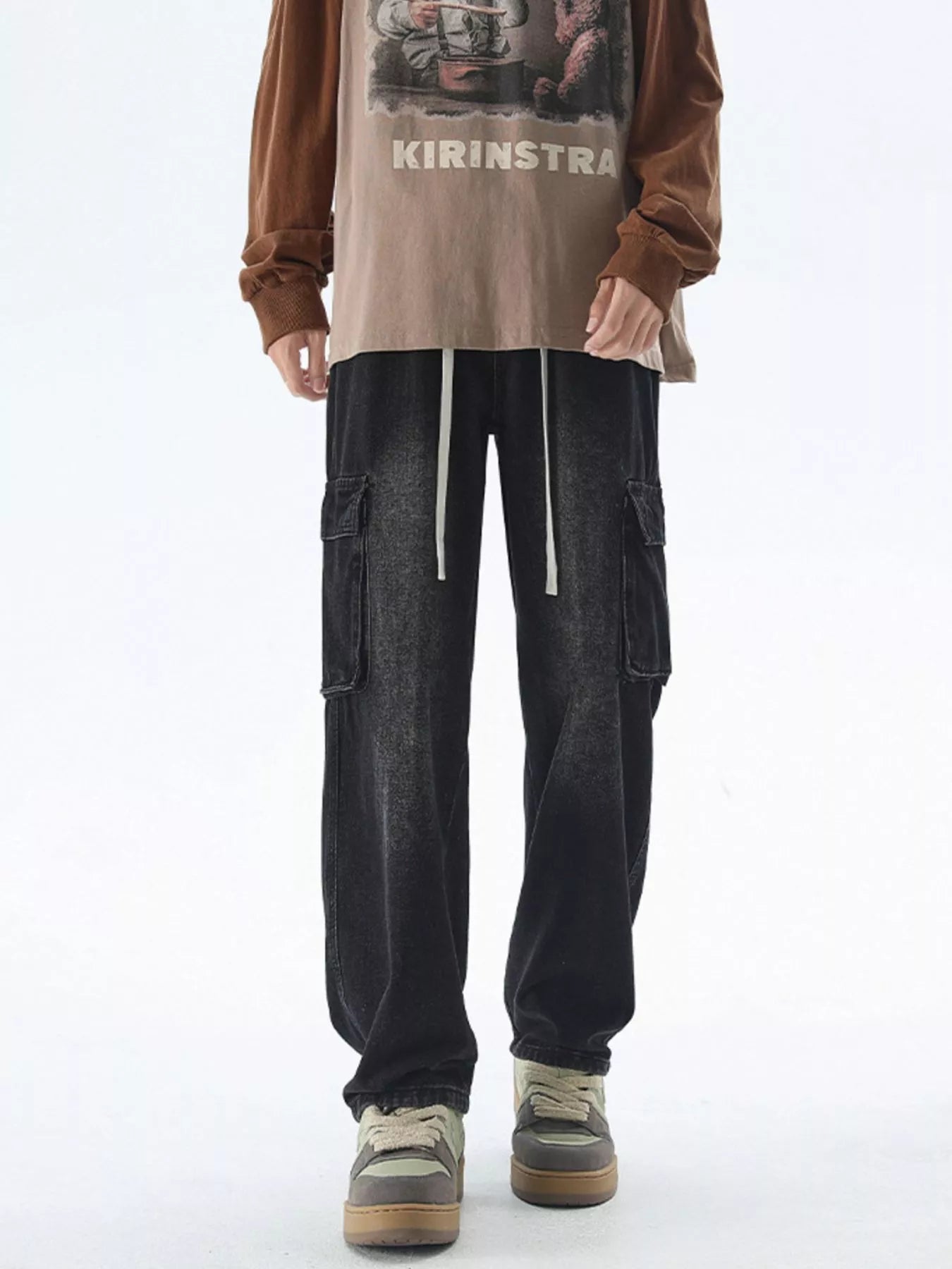 Men's Drawstring Wash Wide Leg Jeans