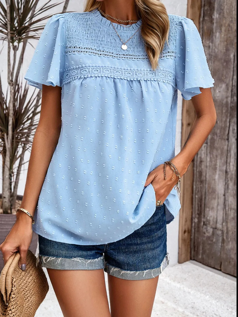 Devine Swiss Dot Smocked Round Neck Short Sleeve Blouse
