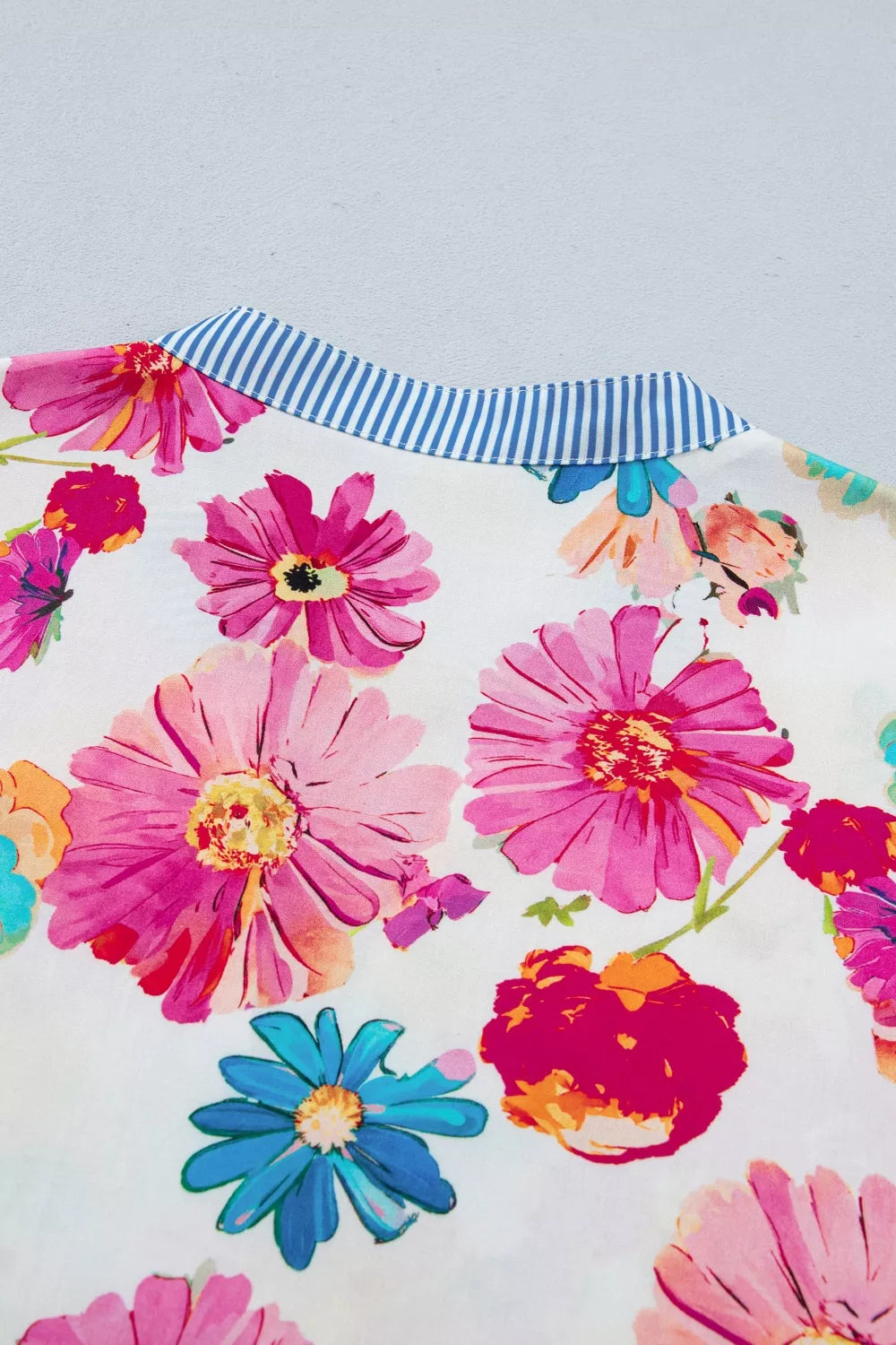 Floral Print Short Puff Sleeve Striped Trim V Neck Blouse