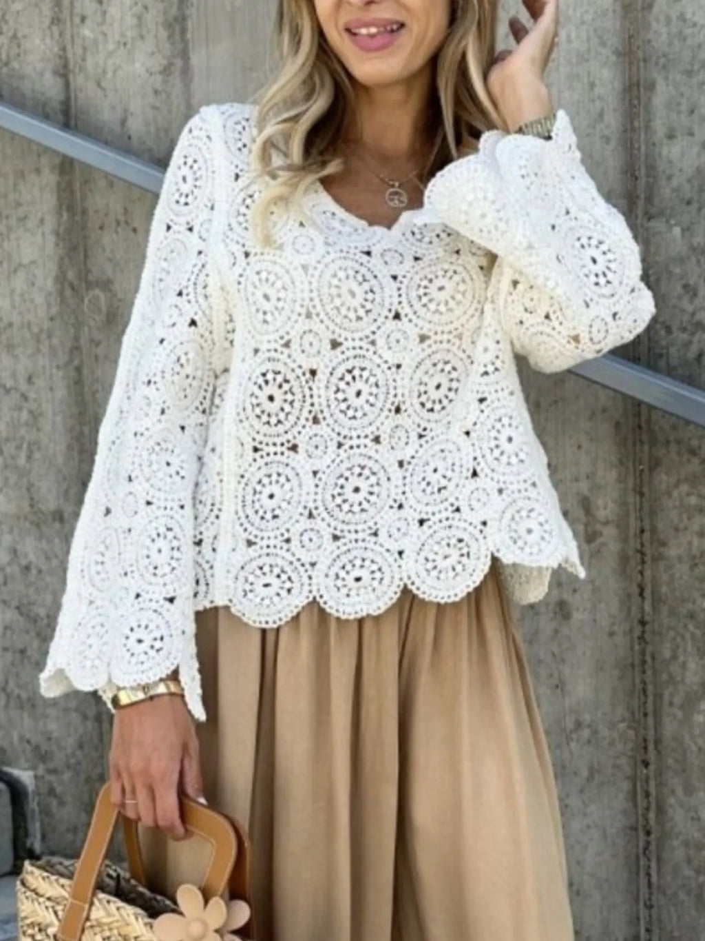 Crochet Lace V-Neck Bell Sleeve Knit Top