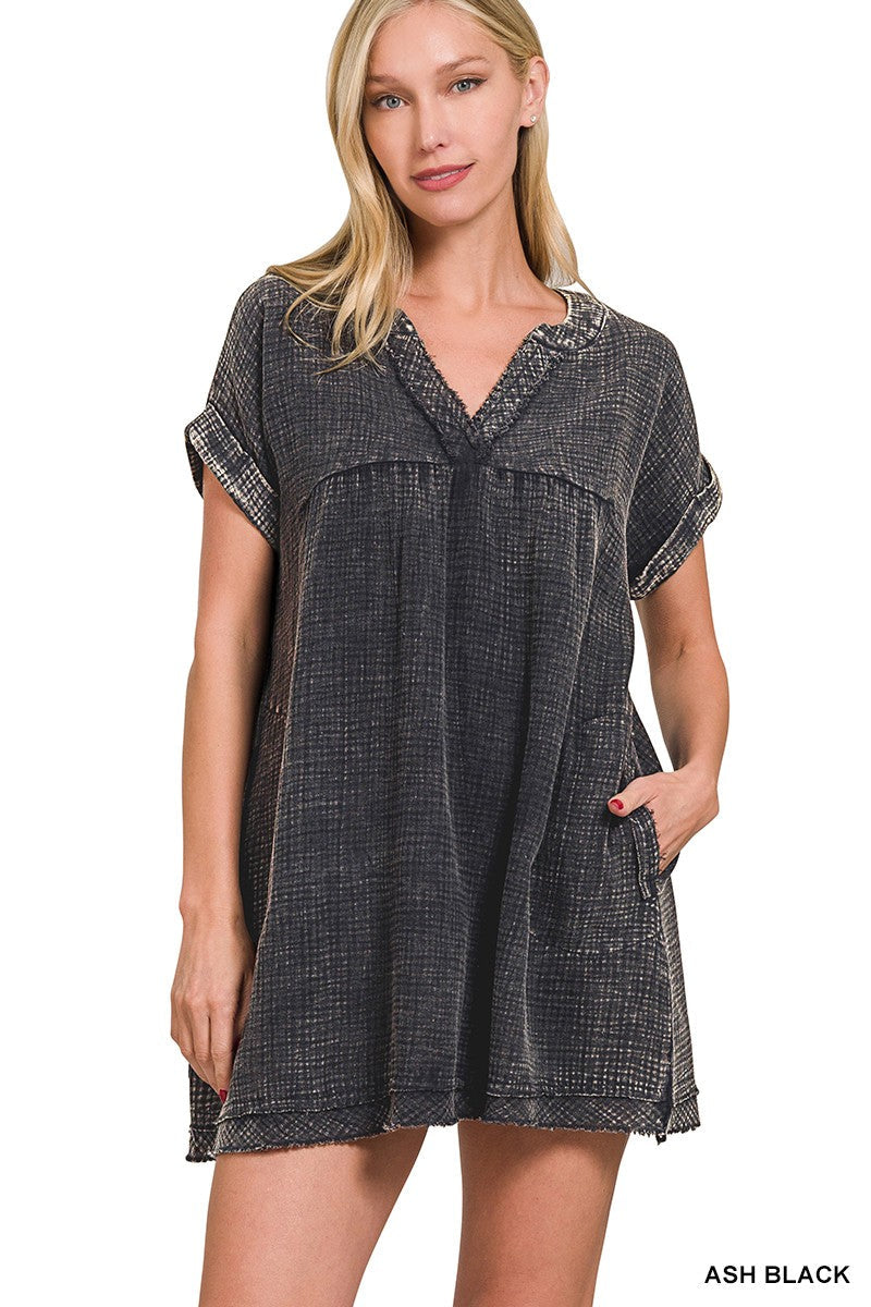 Zenana Washed Double Gauze Raw Edge V-neck Dress