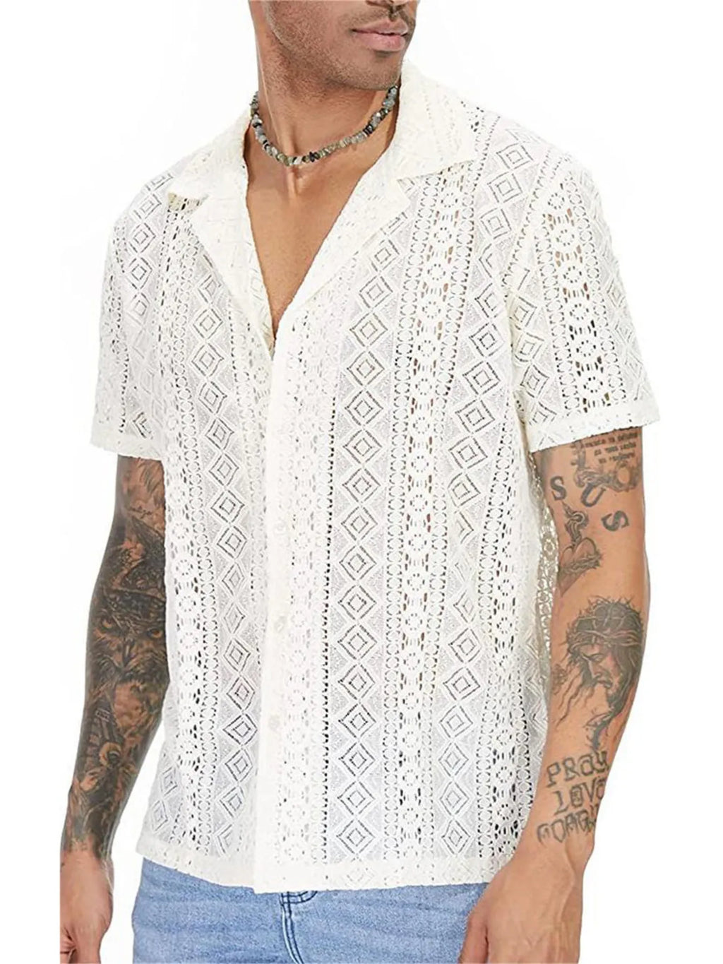 Men's Full Size Lace Button Up Short Sleeve Shirt Plus Size