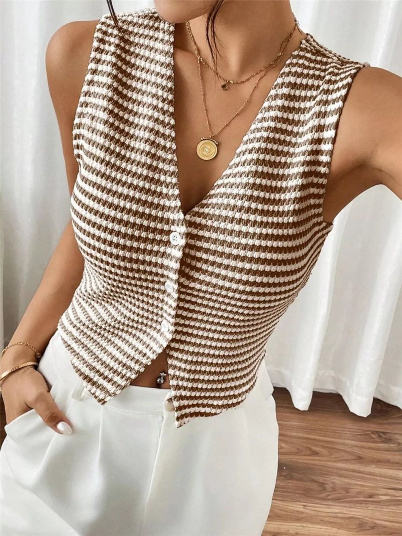 Striped Knit V-Neck Vest