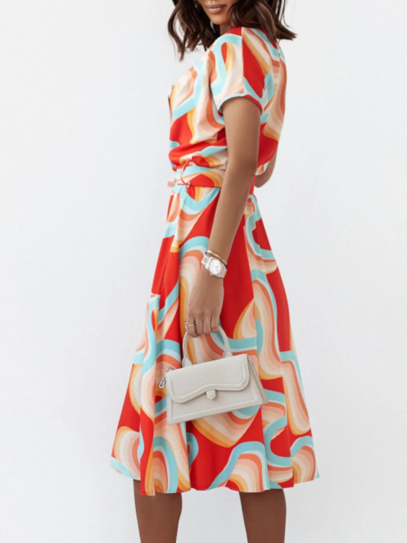 Printed Button Front Midi Dress with Belt
