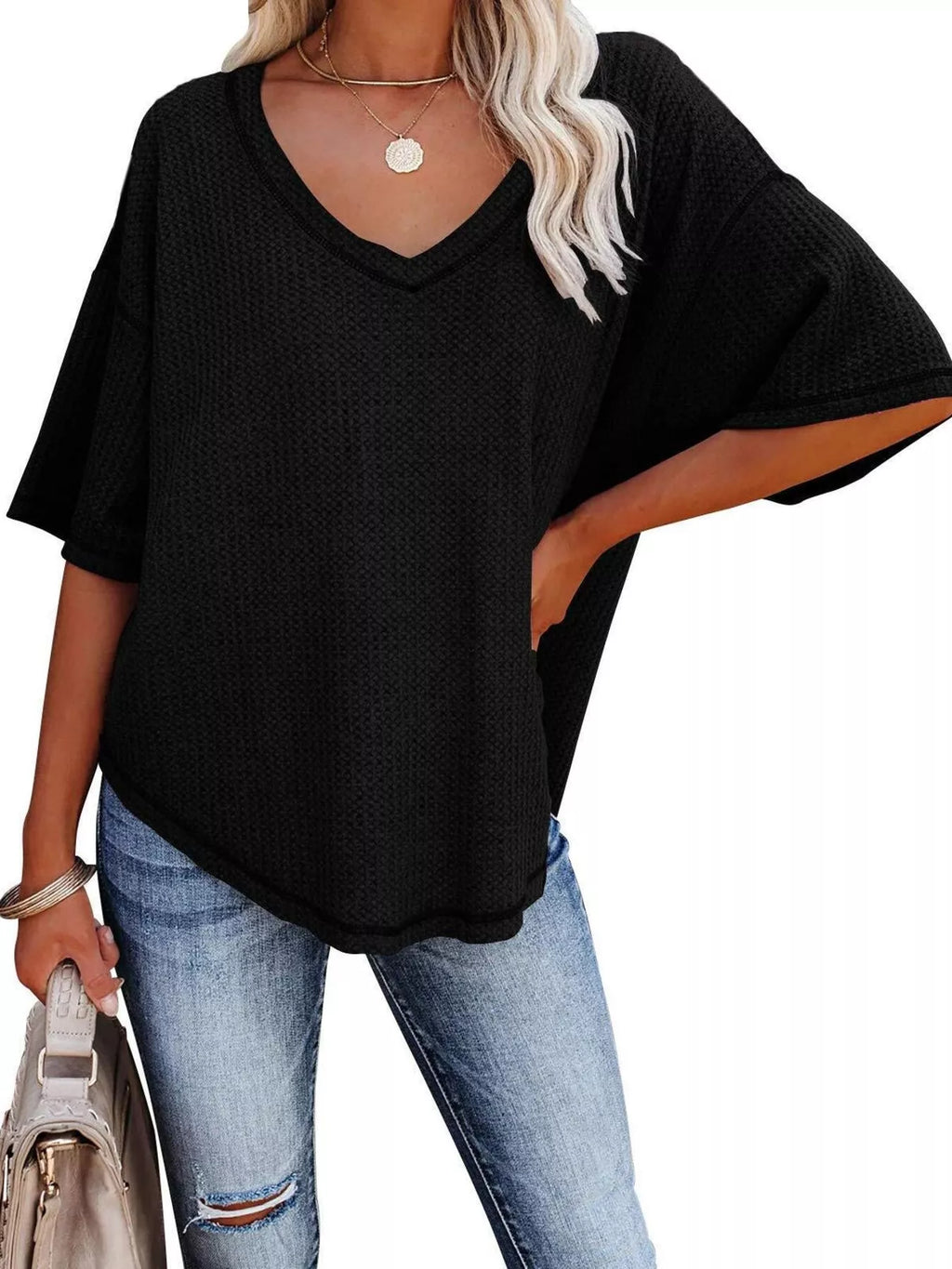 Waffle Knit V-Neck Short Sleeve T-Shirt