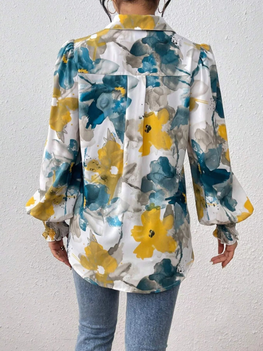 Printed Button Up Lantern Sleeve Shirt