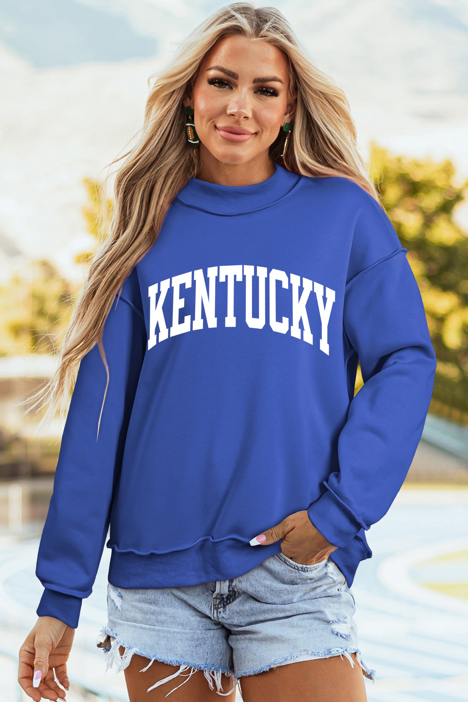Dark Blue KENTUCKY Leopard KY Letter Print Reversible High Neck Sweatshirt