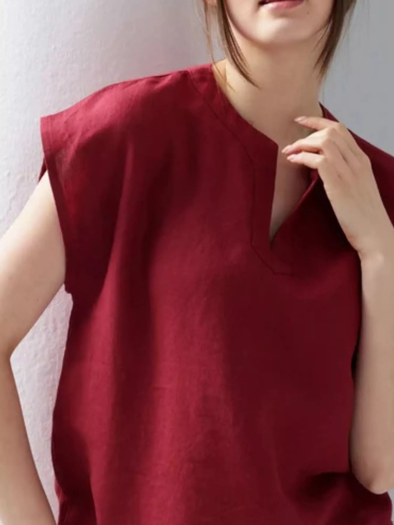 Notched Cap Sleeve Blouse