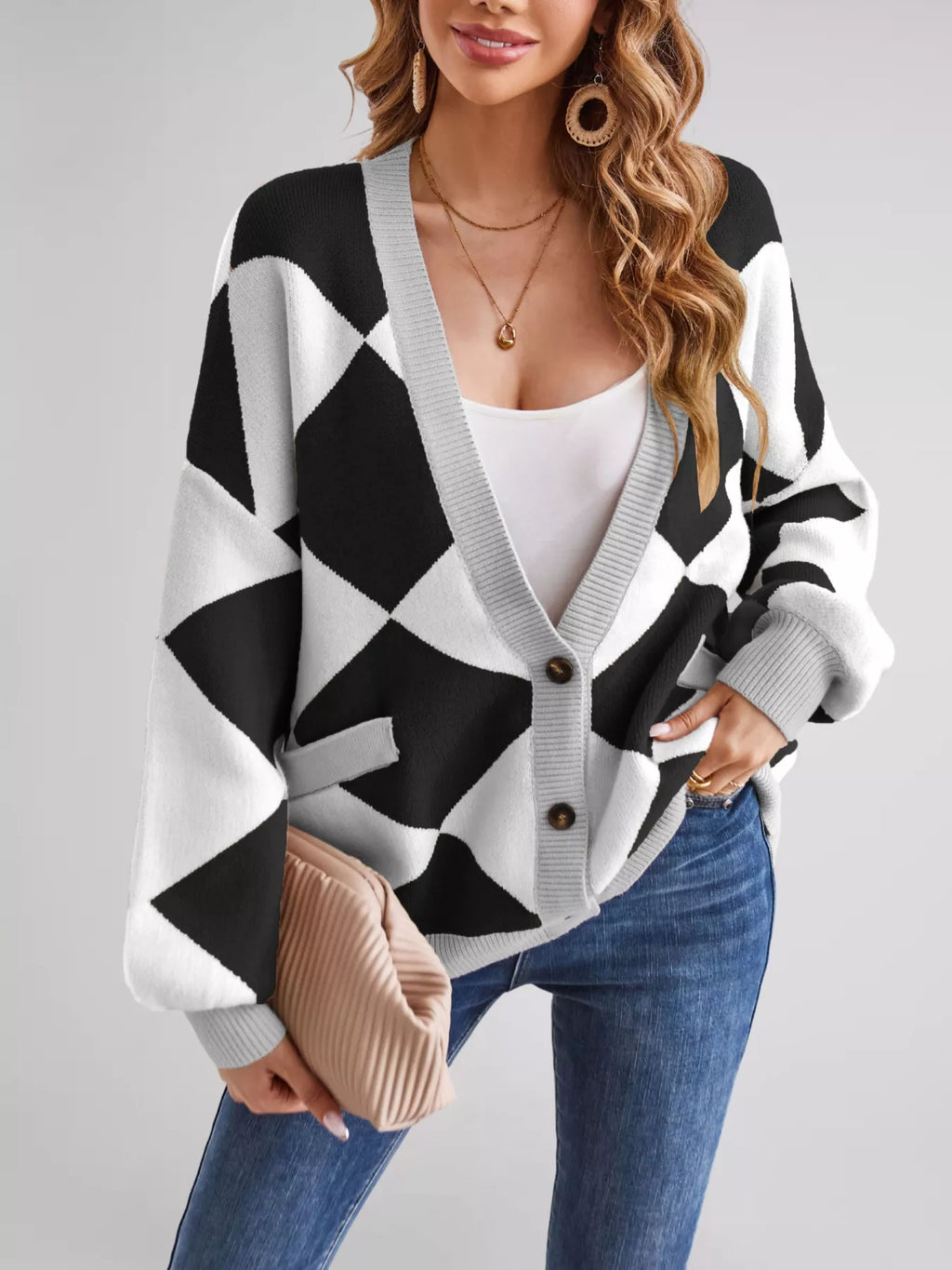 Diamond Pattern Button-Up Knit Cardigan