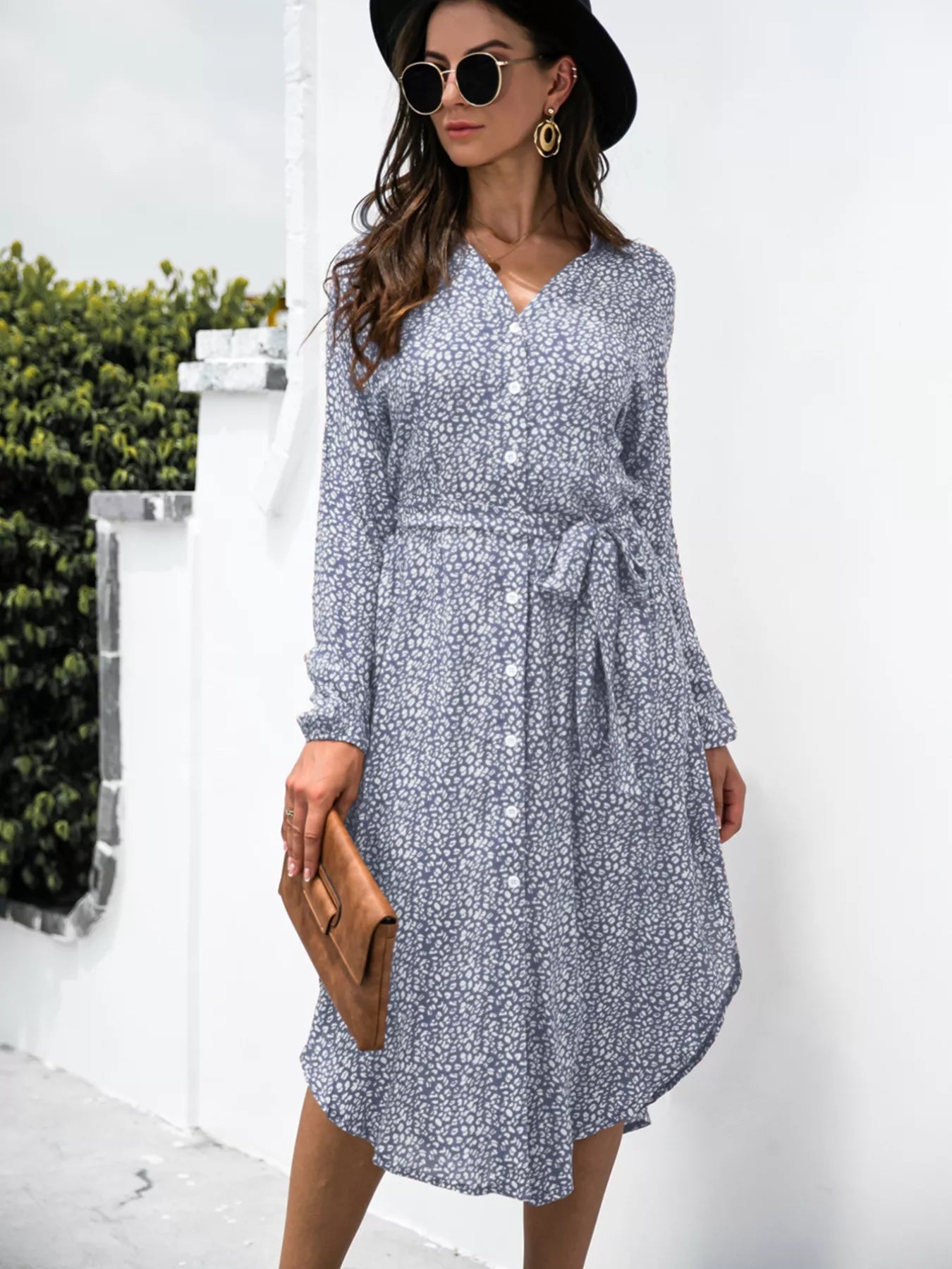 Button Down Printed Long Sleeve Shirt Dress