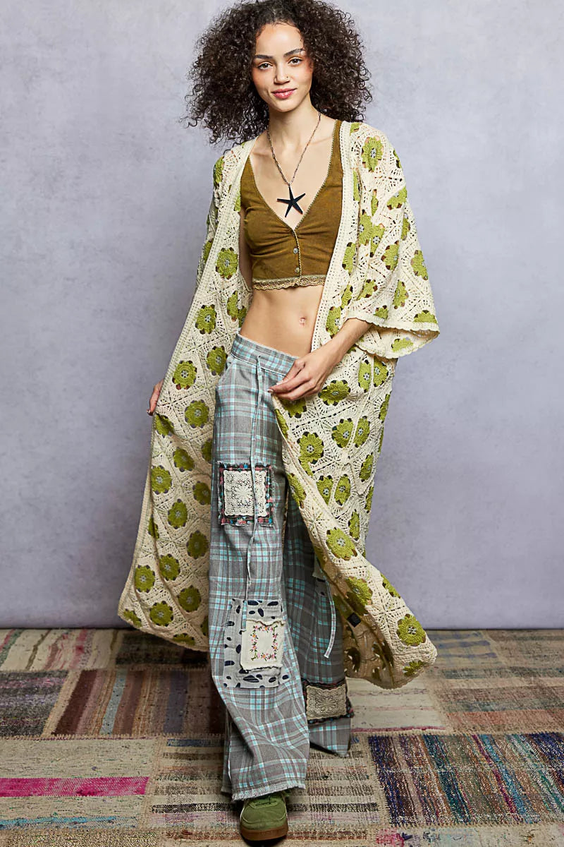 POL Open Front Floral Crochet Longline Cardigan