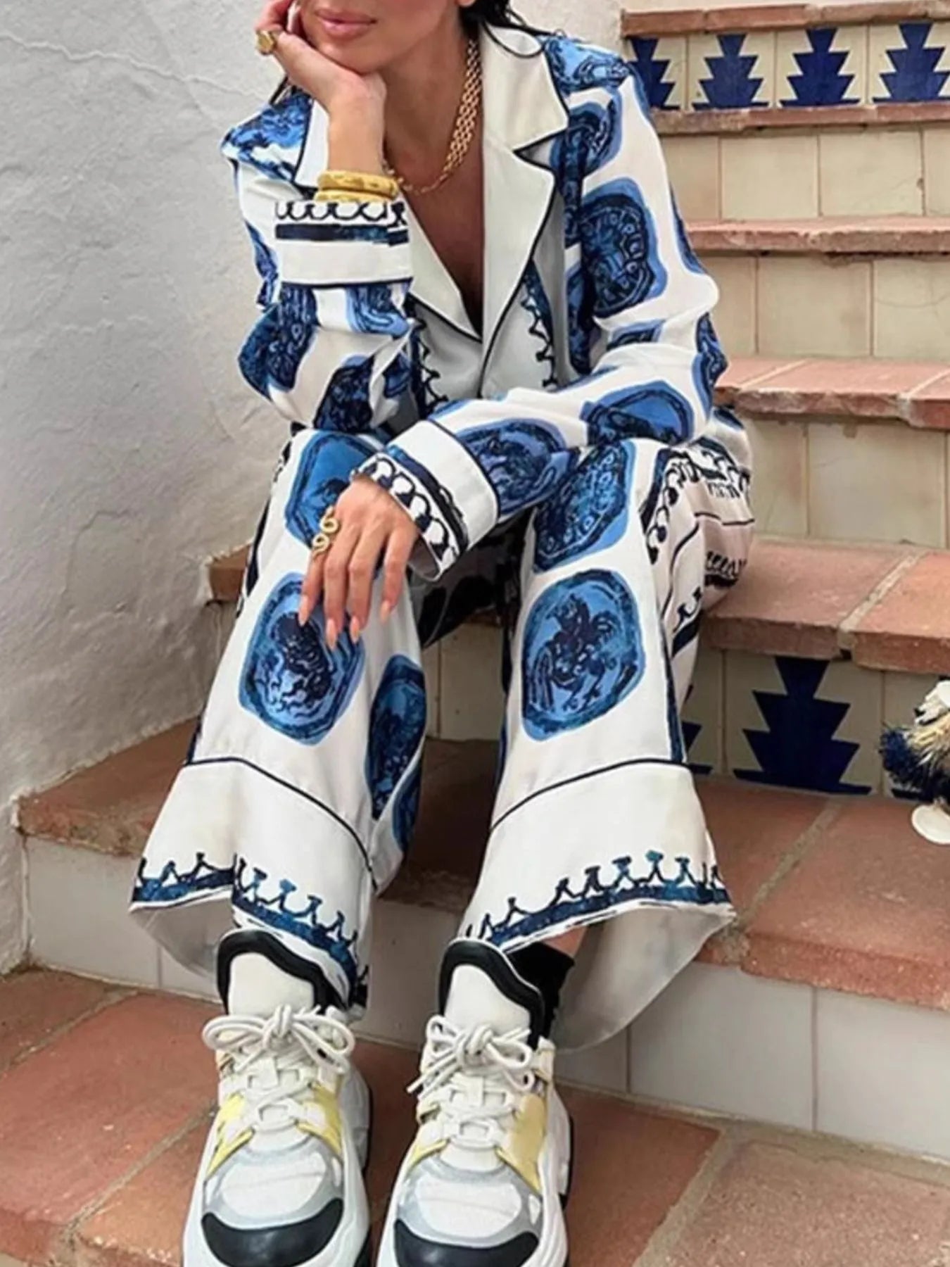 Printed Button Up Shirt and Pants Set