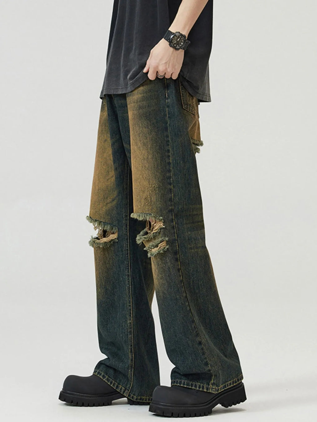 Men's Full Size Washed Distressed Wide Leg Jeans Plus Size